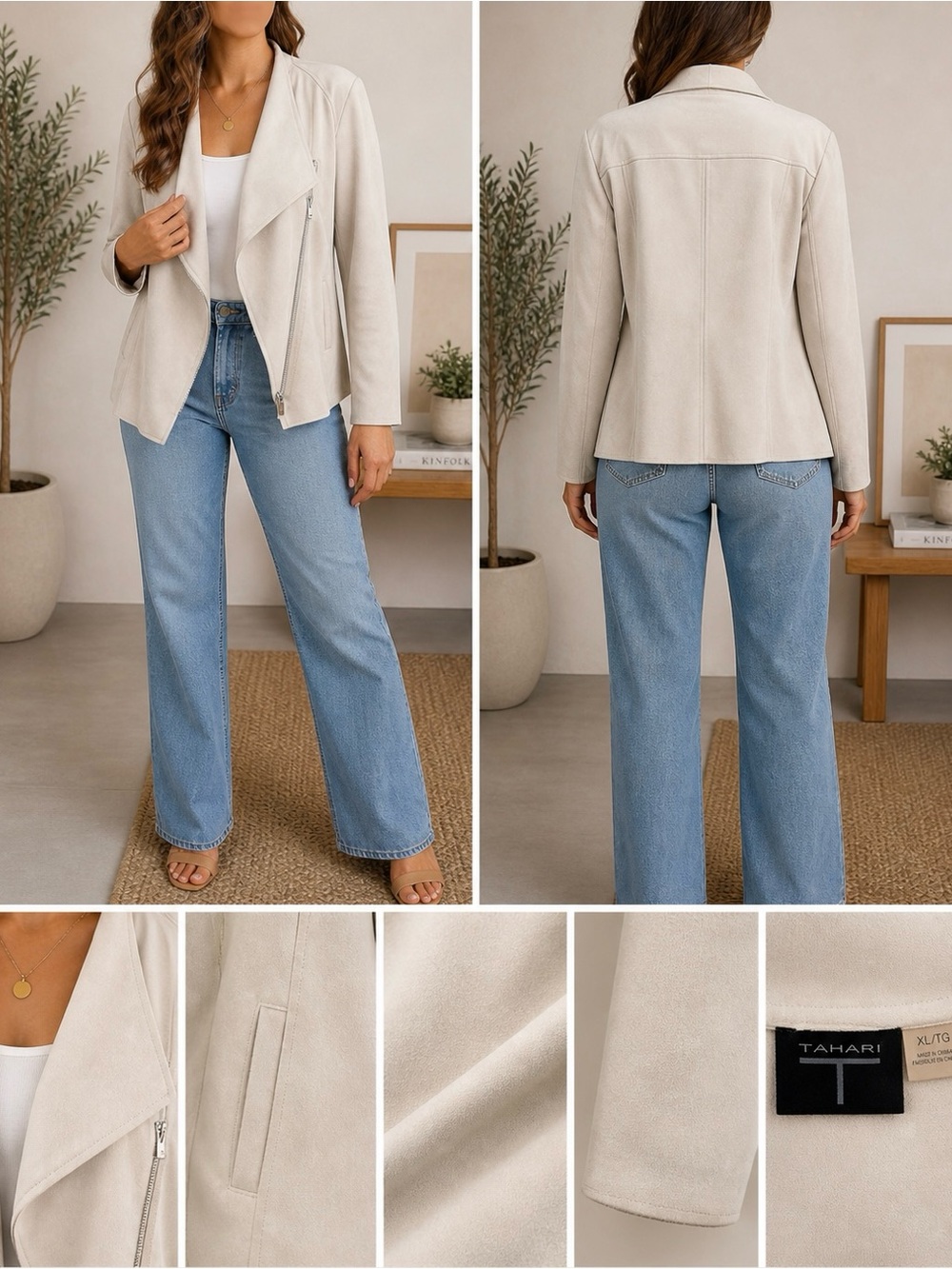 Tahari Faux Suede Moto Jacket Beige Cream Asymmetrical Zip Soft Stretch XL